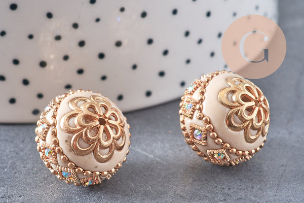 Perle indonesienne polymère gris strass et zamac doré 19.5mm,création bijou ethnique exotique, x1 (G5906)