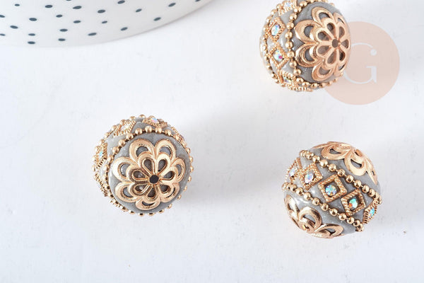 Perle indonésienne polymère gris strass et zamac doré, ethnique exotique, 19.5mm x1 (G8459)