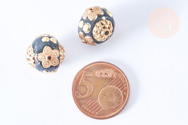 Perle indonesienne polymère noir strass et zamac doré 14mm,bijou ethnique exotique, x1 (G6570)