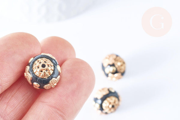 Perle indonesienne polymère noir strass et zamac doré 14mm,bijou ethnique exotique, x1 (G6570)