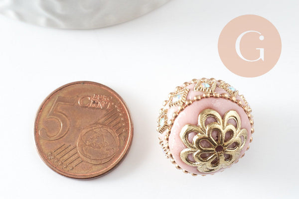 Perle indonésienne polymère rose clair strass et zamac doré 19.5mm,création bijou ethnique exotique, x1 G6253