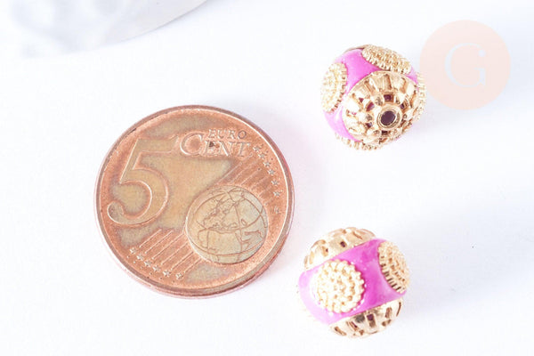 Perle indonesienne polymère rose fuchsia strass et zamac doré 12mm, ethnique exotique, x1 (G6571)