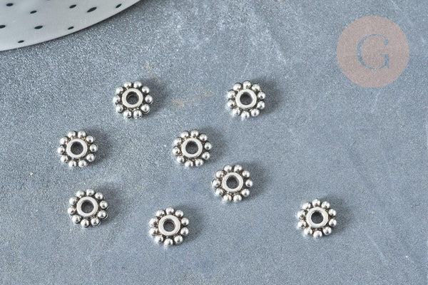 Perle intercalaire fleur zamac argenté 6.5mm , x50 (G8000)