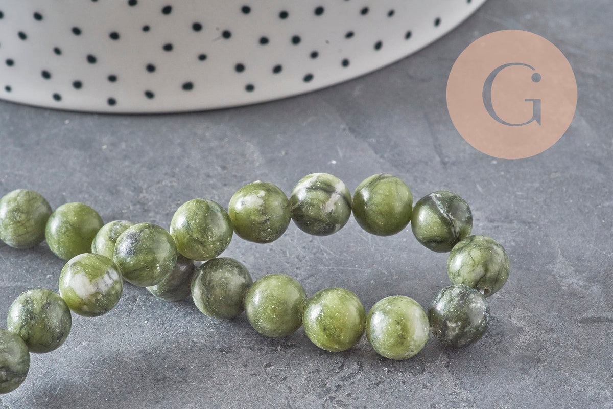 Perle jade vert olive ronde naturelle 8mm, x1 fil de 38cm (G11341)-Perles-Gingerlily Perles