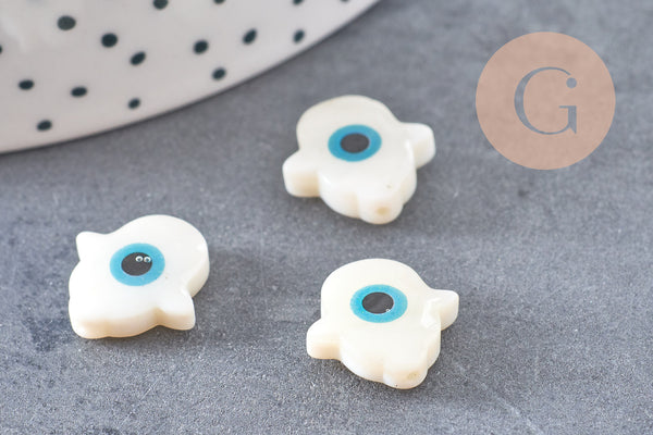 Perle main de fatma mauvais oeil nacre blanche 15-16 mm, Perles coquillage création bijou chance, x 5 G7135