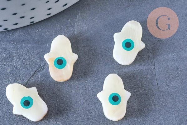 Perle main nacre blanche mauvais oeil bleu 15-16mm, x1 (G6590)