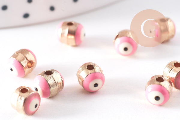 Perle mauvais œil doré émail rose zamac doré 6mm, x10 (G10316)