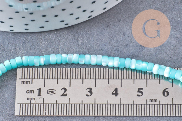 Perle nacre naturelle heishi bleu turquoise pastel,tube coquillage coloré,perle coquillage, 2x4mm, le fil x1 (G5411)