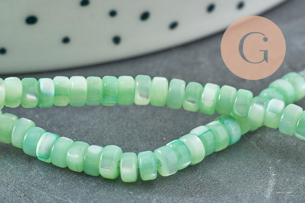 Perle nacre naturelle heishi vert pastel,tube coquillage coloré,perle coquillage,2x4mm, le fil de 20 cm, x1 (G5129)