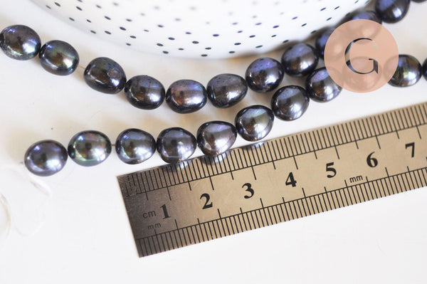 Perle naturelle culture d'eau douce noire ovale 8-10mm, x1 fil (G6285)