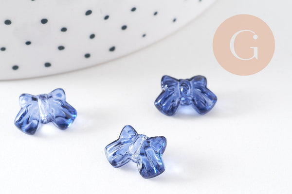 Perle noeud papillon verre bleu transparent irisé 9.5mm, x10 (G10597)