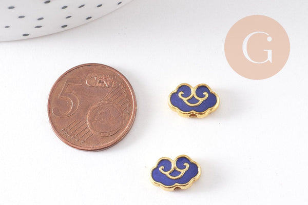 Perle nuage doré émail bleu 12mm, Pendentif japonisant pour création bijoux, x1 (G2805)