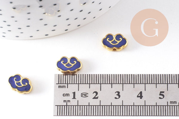 Perle nuage doré émail bleu 12mm, Pendentif japonisant pour création bijoux, x1 (G2805)