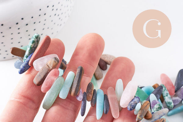 Perle ovale chips pierre mélangée sablée, pierre howlite sodalite aventurine jaspe, pierre,11-19mm, fil de 40cm, X1 (G4404)