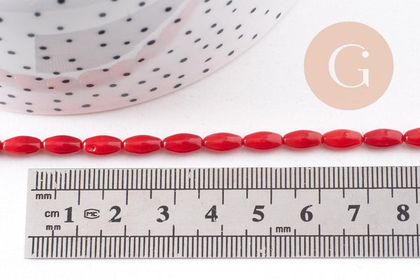 Perle ovale corail rouge,perles corail ,grain de riz,corail rouge,corail naturel, fil 40cm, x1 (G0993)