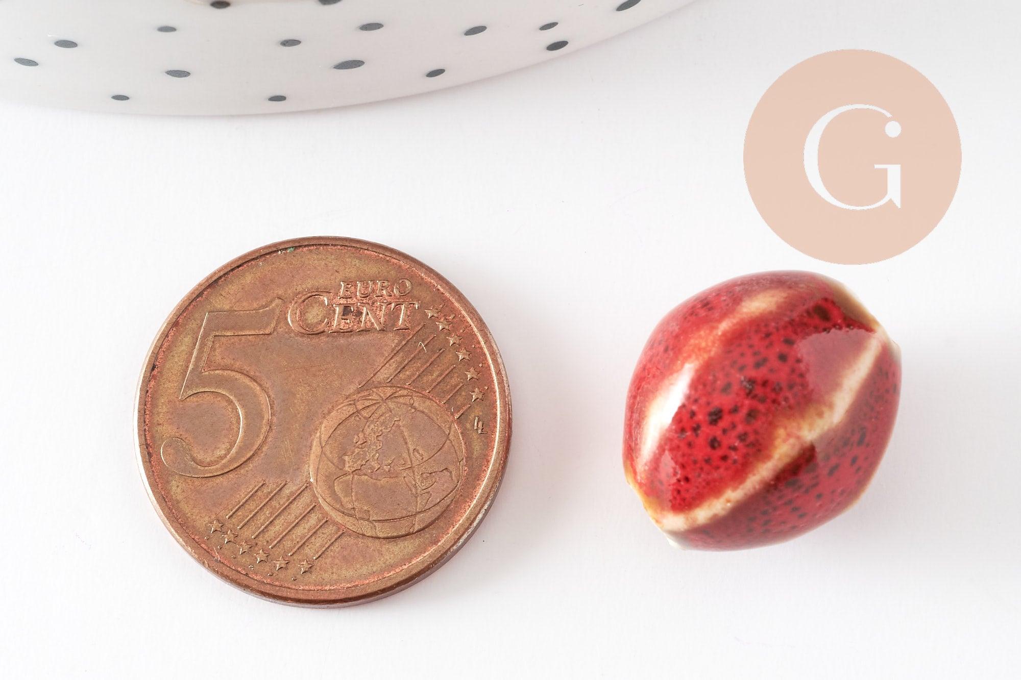 Perle ovale porcelaine rouge-marron 15.5-16mm, perle céramique, fabrication bijoux amour et amitié x5 (G9350)