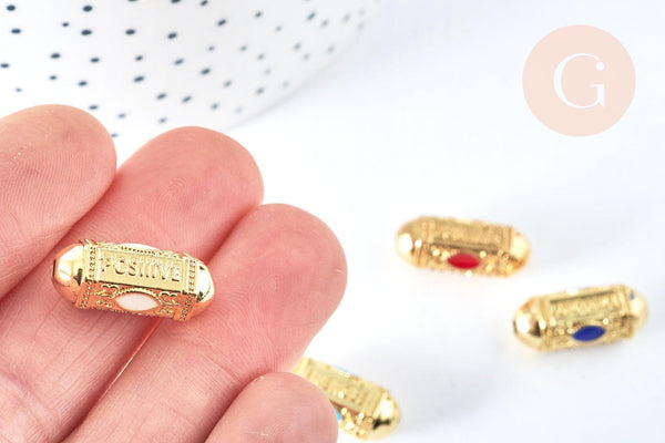 Perle ovale talisman message émail coloré laiton doré 18k 19mm, x1 (G6994)