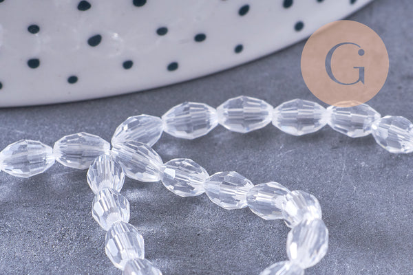 Perle ovale verre facetté transparent 6x4mm, fil de 38cm, x1 (G10584)