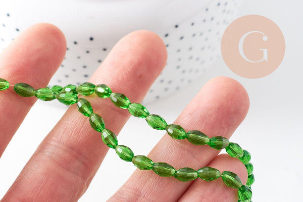 Perle ovale verre facetté vert clair 6x4mm, fil de 38cm, x1 (G10600)