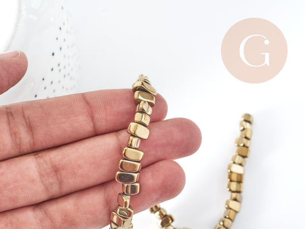 Perle pépite dorée hématite de synthèse 5~12mm, pierre, fil de 40cm, x1 (G8975)