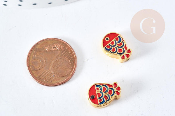 Perle poisson émail coloré zamac doré 14mm, x1 (G8707)