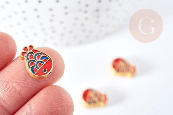 Perle poisson émail coloré zamac doré 14mm, x1 (G8707)