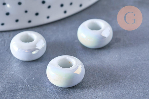 Perle porcelaine blanche irisé donut 15-16mm, perle céramique, céramique blanche, x10 (G3311)