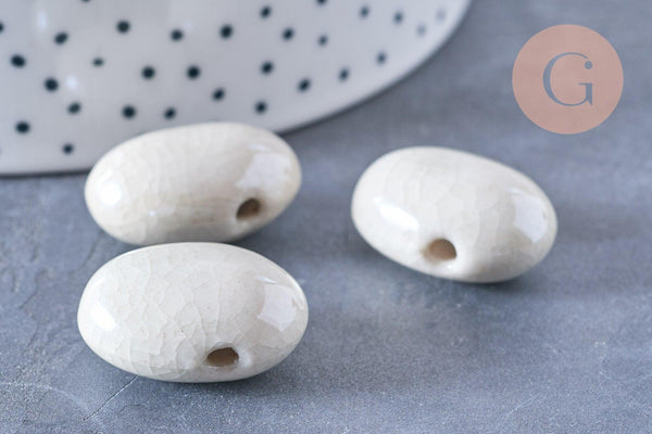 Perle porcelaine blanche ovale irisé 23.5mm, fournitures pour création de bijoux en céramique et porcelaine, x10 G3313