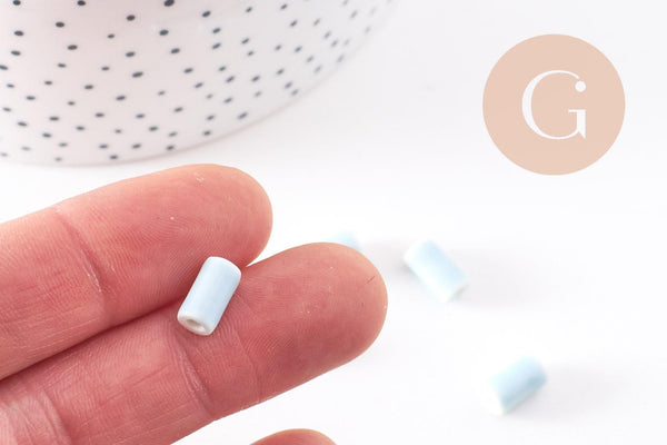 Perle porcelaine bleu pâle, perle céramique, porcelaine bleu,perle tube, création bijoux, 10mm, x5 G1715