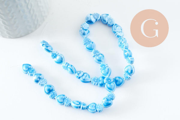 Perle porcelaine coeur bleu clair irisé 16mm, x24 (G9798)