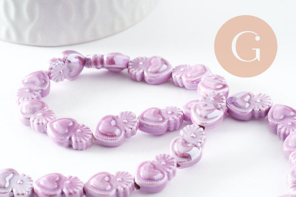 Perle porcelaine coeur violet irisé 16mm, x24 (G9799)