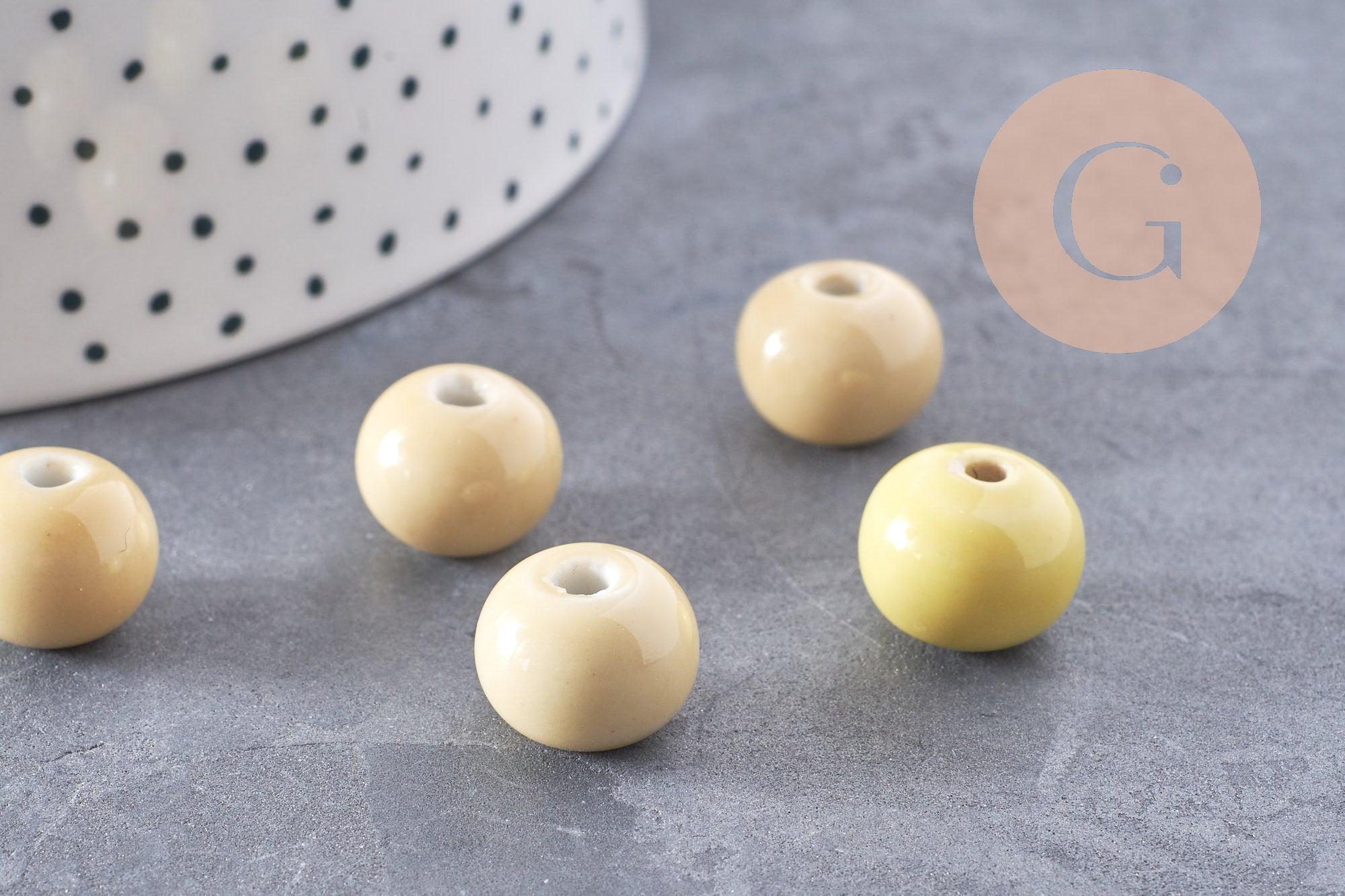 Perle porcelaine jaune pâle, perle céramique, perle ronde, 1.5cm, x5 (G2300)