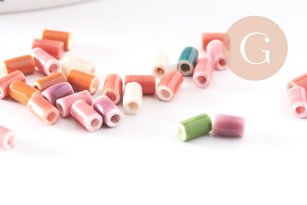Perle porcelaine multicolore 5x3mm, perle céramique, porcelaine bleu,perle tube, x10 G2583