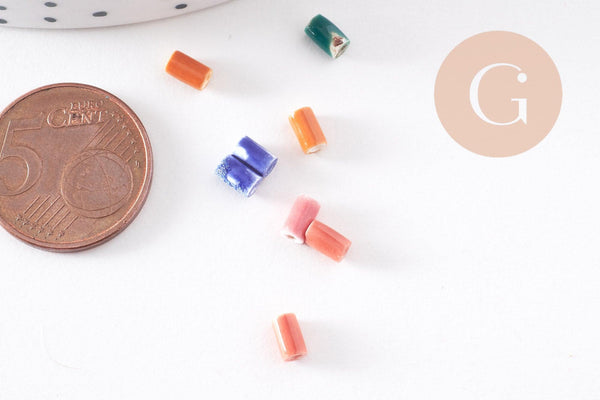 Perle porcelaine multicolore 5x3mm, perle céramique, porcelaine bleu,perle tube, x10 G2583
