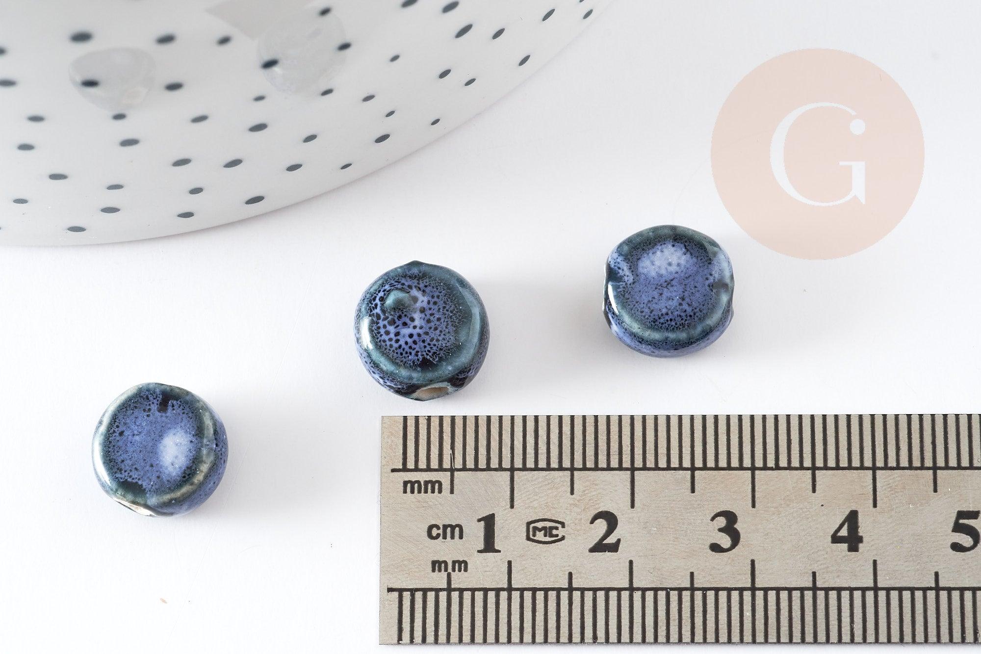 Perle porcelaine ronde bleu émaillé 10.5mm, perle céramique géométrique pour fabrication bijoux céramique, x5 (G9199)