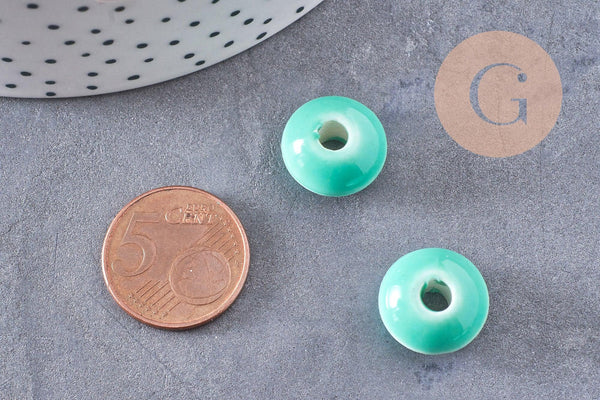 Perle porcelaine rondelle émail turquoise 12x7mm, création bijoux céramique, x10 G7479