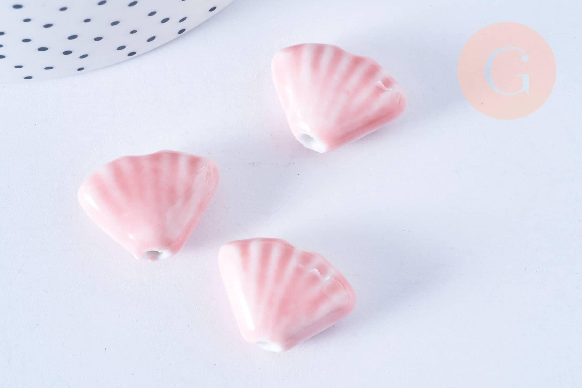Perle porcelaine rose coquillage, perle céramique géométrique fabrication bijoux en céramique rose, 22.5-23.5mm, x10 (G3429)