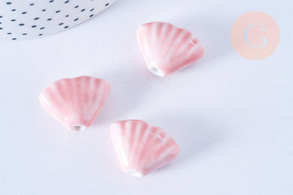 Perle porcelaine rose coquillage, perle céramique géométrique fabrication bijoux en céramique rose, 22.5-23.5mm, x10 G3429
