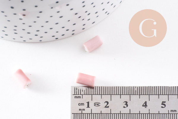 Perle porcelaine rose, perle céramique, porcelaine rose clair,perle tube, création bijoux,10mm, x5 G2542