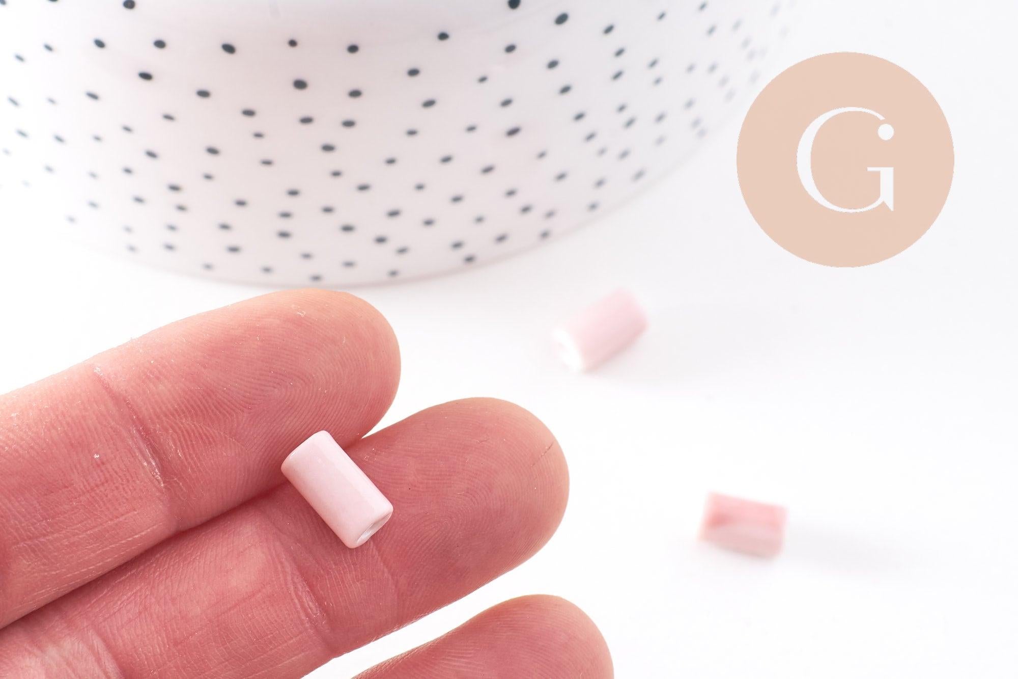 Perle porcelaine rose, perle céramique, porcelaine rose clair,perle tube,10mm, x5 (G2542)