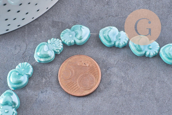 Perle porcelaine turquoise coeur irisé, perle céramique bleu, 16mm, x20 (G3973)