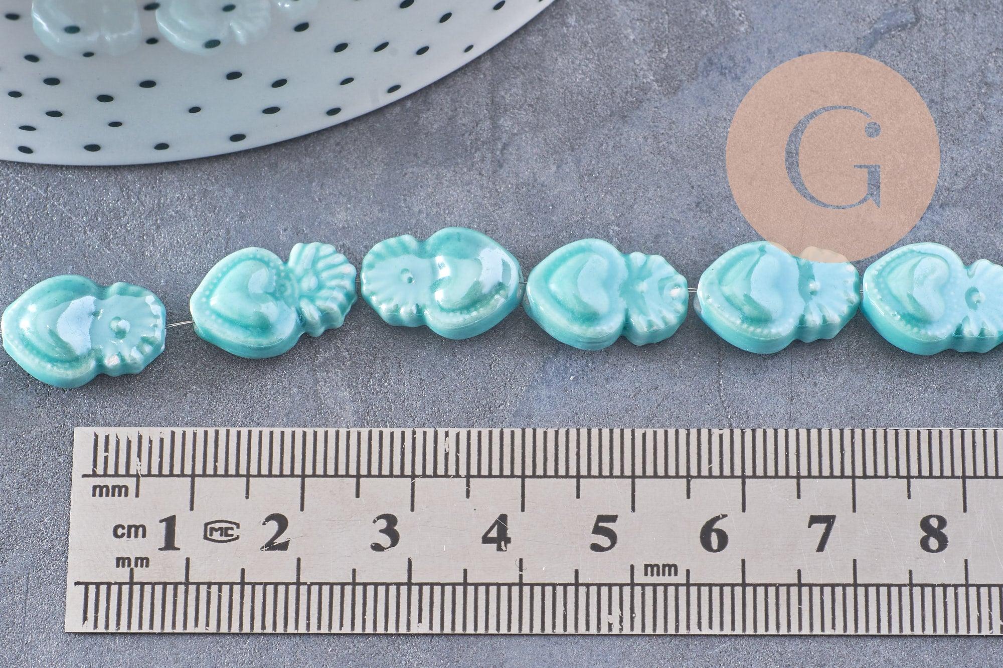 Perle porcelaine turquoise coeur irisé, perle céramique bleu, 16mm, x20 (G3973)
