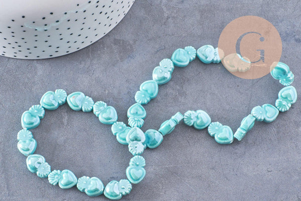 Perle porcelaine turquoise coeur irisé, perle céramique bleu, 16mm, x20 (G3973)