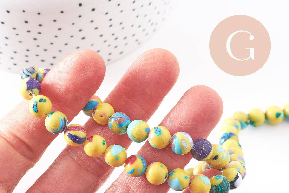 Perle résine ronde multicolore jaune, perle turquoise, turquoise synthétique, 8mm, fil de 40cm, x1 (G1702)