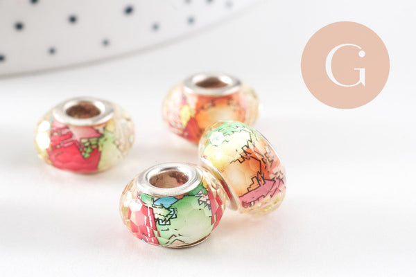 Perle résine rondelle facettée multicolore argent,des perles originales et transparentes pour création bijoux ,14mm, x1 (G4385)