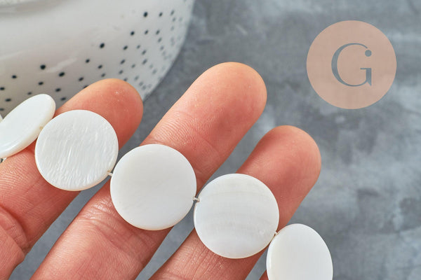 Perle rond nacre blanche naturelle 20mm, fourniture créative, perle ronde, coquillage blanc, fil de 40cm, x1 G5582