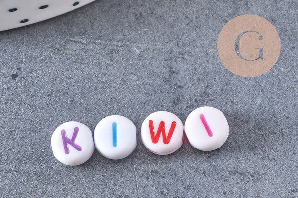 Perle ronde Lettre Alphabet plastique blanc lettre colorée, x 10Gr (G4091)