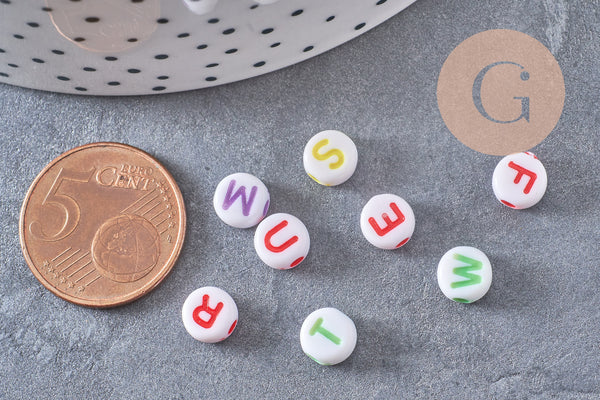 Perle ronde Lettre Alphabet plastique blanc lettre colorée, x 10Gr (G4091)