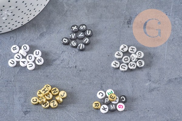 Perle ronde Lettres plastique doré noir blanc argent, x 10 grammes (G1689)