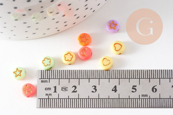 Perle ronde Symboles plastique multicolore pastel doré, x10 grammes (G10557)